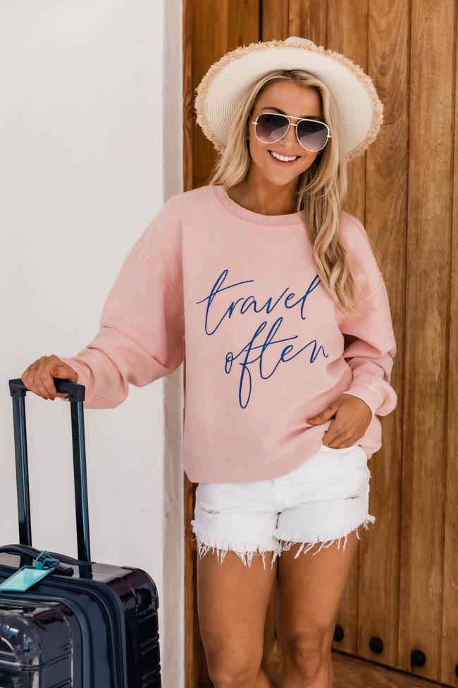 Travel Often Pink Corded Graphic Sweatshirt