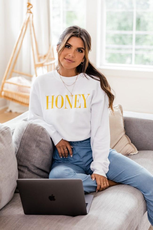 Honey Embroidered Graphic White Sweatshirt