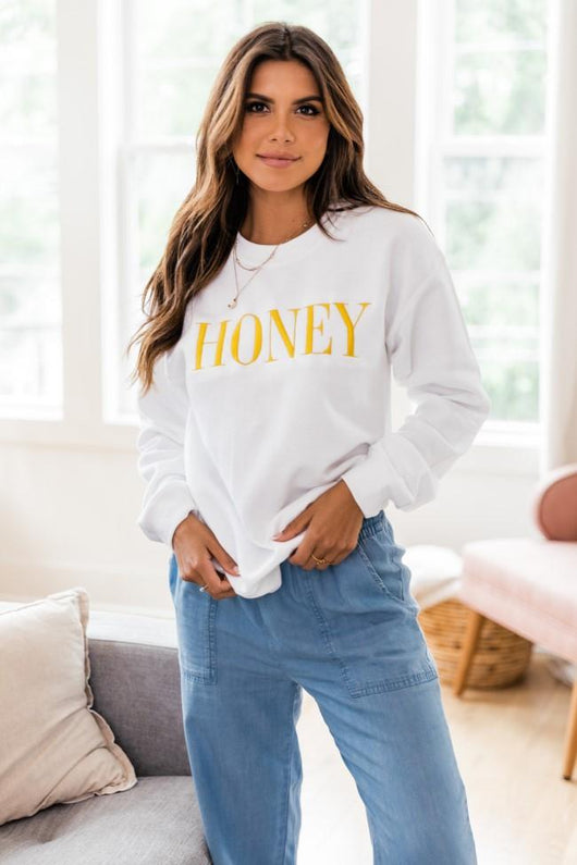 Honey Embroidered Graphic White Sweatshirt