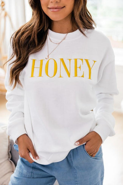 Honey Embroidered Graphic White Sweatshirt