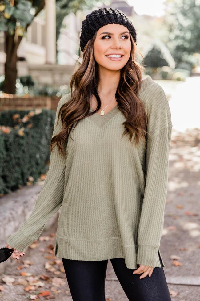 Dress To Impress Waffle Knit Olive Blouse