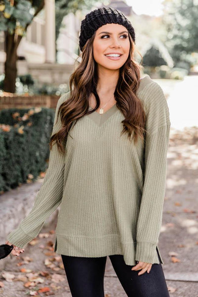 Dress To Impress Waffle Knit Olive Blouse