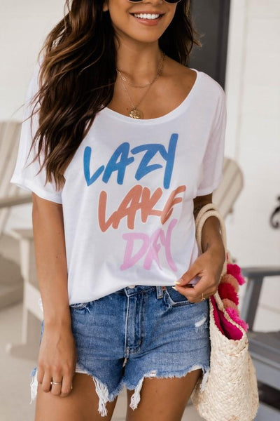 Lazy Lake Day White Graphic Slouchy Tee