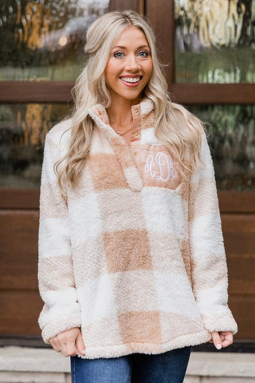 All Snowed In Monogram Tan Plaid Pullover