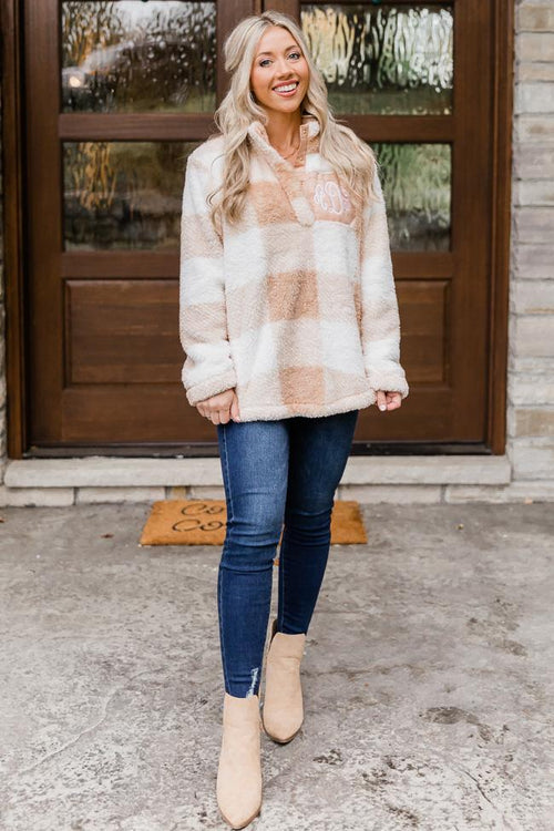 All Snowed In Monogram Tan Plaid Pullover