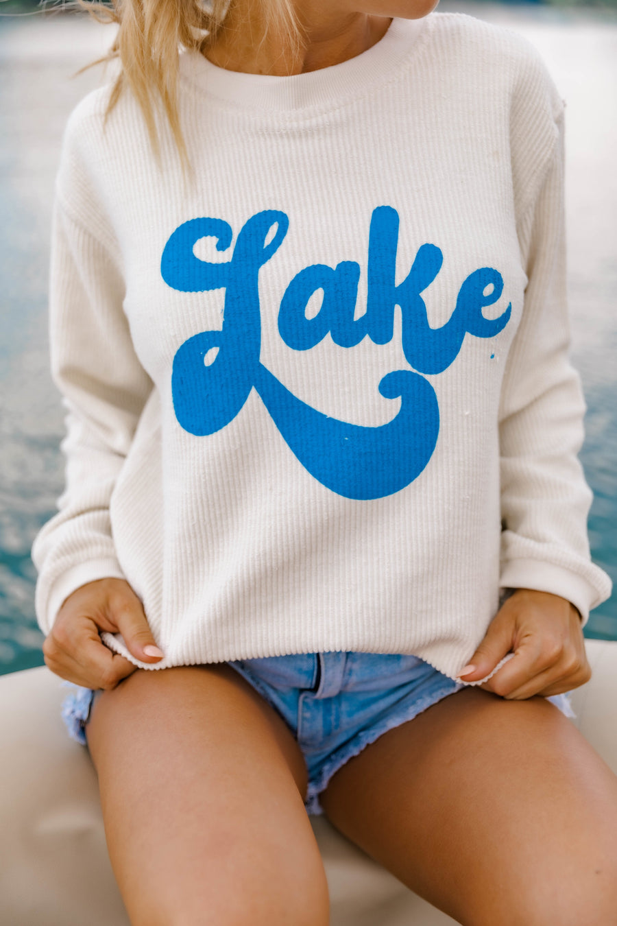 Lake Script Graphic Pullover Corded Sweatshirt Ivory