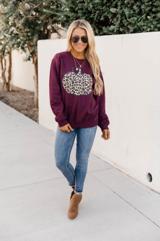 Animal Print Pumpkin Graphic Maroon Sweatshirt