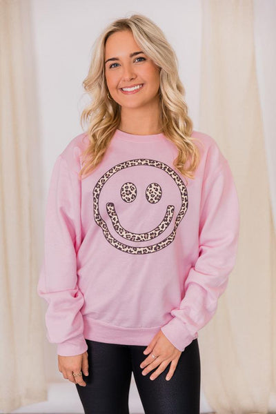 Animal Print Smiley Face Pink Graphic Sweatshirt