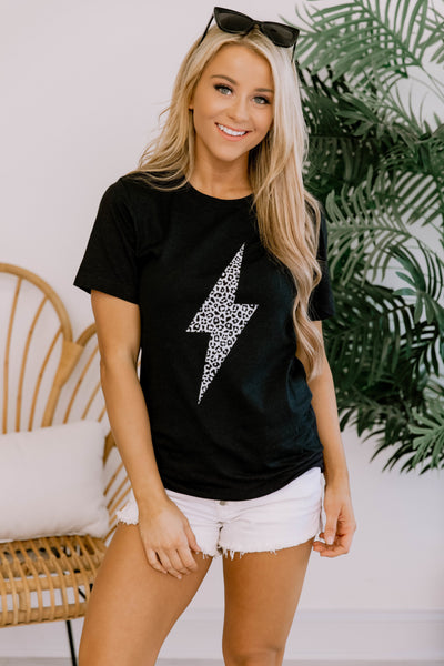 Animal Print Lightning Bolt White Graphic Tee Heather Black