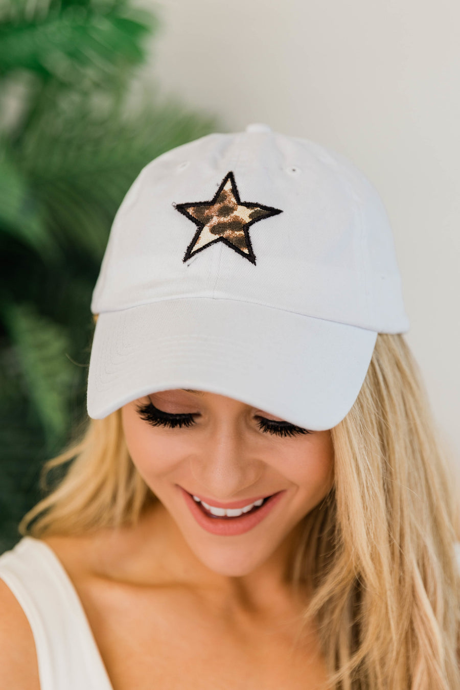 Animal Print Star Applique Baseball Cap White