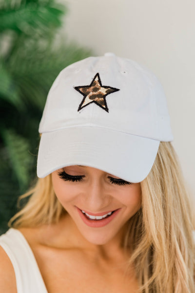 Animal Print Star Applique Baseball Cap White