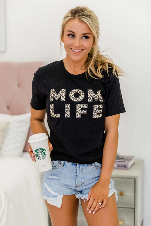 Animal Print Mom Life Graphic Tee Black