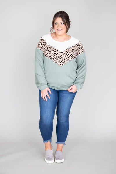 You Never Know Spotted Colorblock Sage Pullover