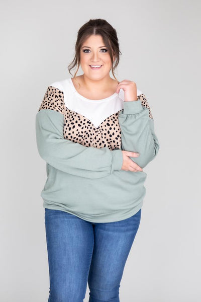 You Never Know Spotted Colorblock Sage Pullover