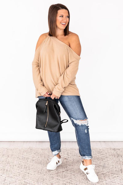 The Far Distance Beige Oversize Cold Shoulder Blouse