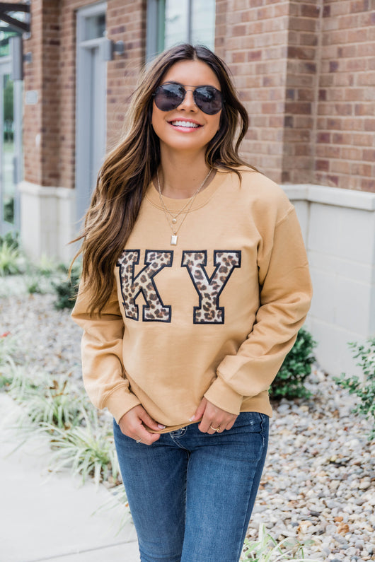 Leopard Print State Letter Applique Gold Sweatshirt