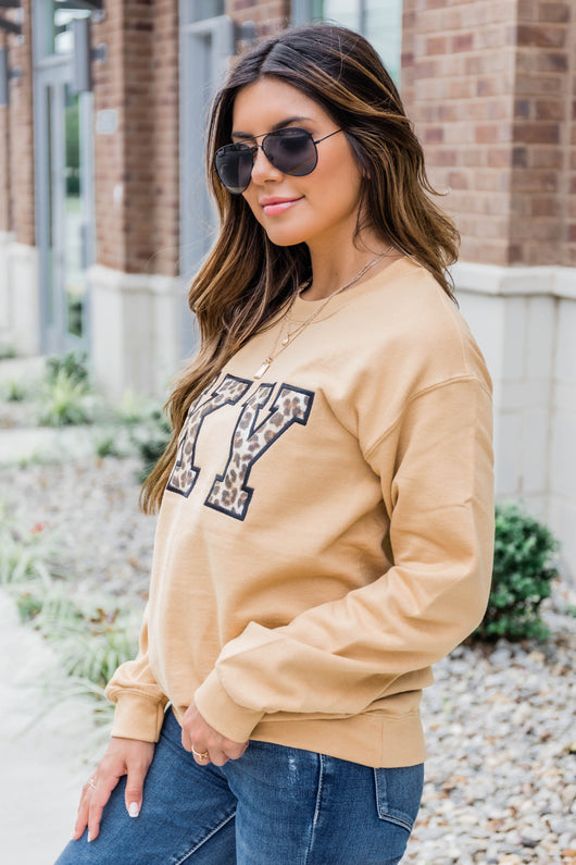 Leopard Print State Letter Applique Gold Sweatshirt