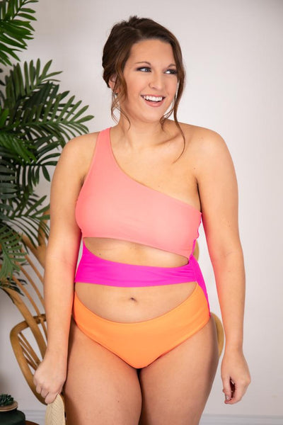 Radiant Sunburst Cutout One Shoulder Colorblock Pink Swimsuit