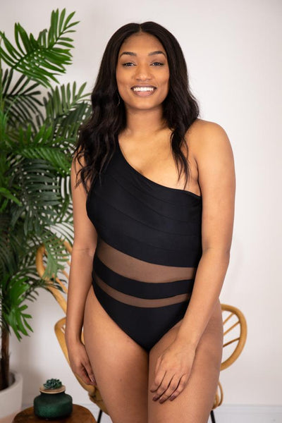 Beyond The Sea Mesh One Piece Black One Shoulder Swimsuit