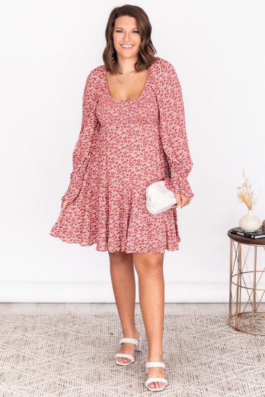 Following A Shadow Red Smocked Floral Dress