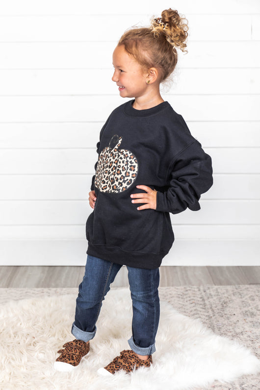 Kids Animal Print Pumpkin Graphic Black Sweatshirt