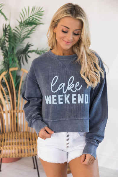 Lake Weekend Cropped Corded Graphic Sweatshirt Navy