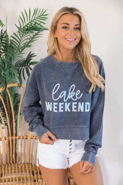 Lake Weekend Cropped Corded Graphic Sweatshirt Navy