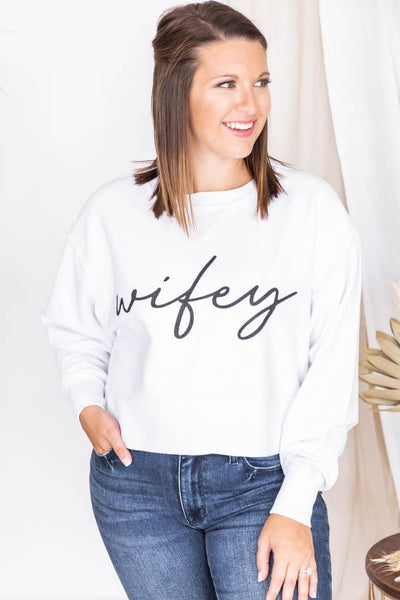 Wifey Script White Cropped Corded Graphic Sweatshirt
