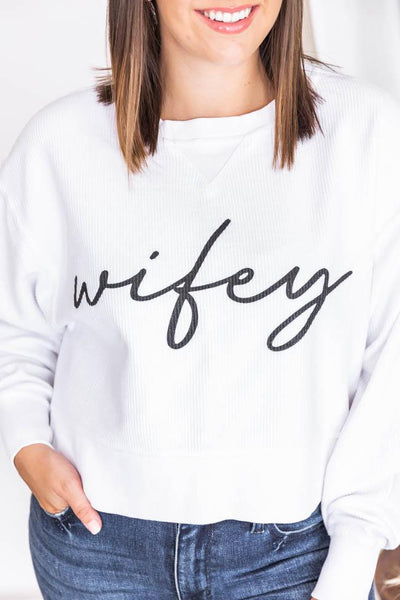 Wifey Script White Cropped Corded Graphic Sweatshirt