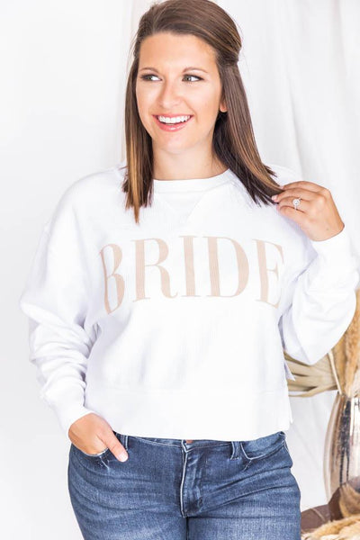 Bride Varsity White Cropped Corded Graphic Sweatshirt