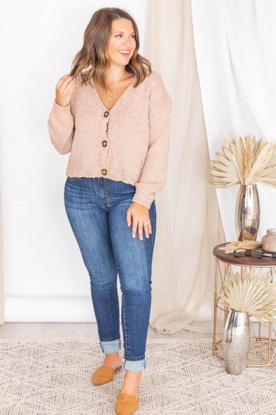 Under The Streetlights Taupe Button Up Textured Cardigan