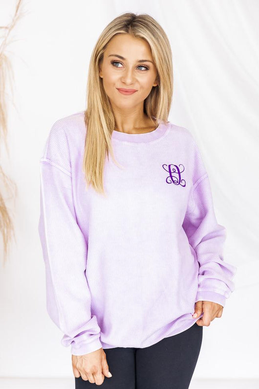 Single Initial Embroidered Corded Lilac Sweatshirt