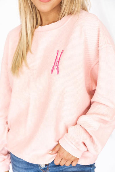 Single Initial Embroidered Corded Pink Sweatshirt