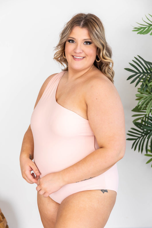 CAITLIN COVINGTON X PINK LILY The Capri One Shoulder Blush Open Back Swimsuit