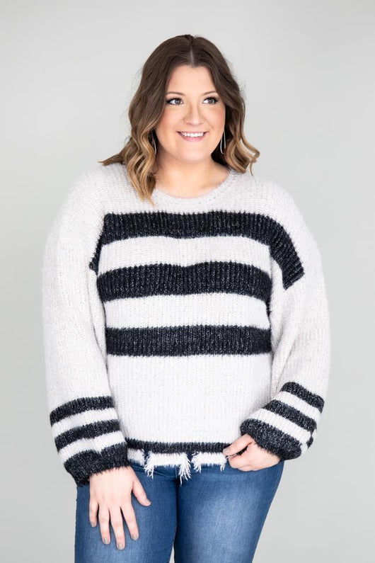 Show Your Heart Stripe Black Sweater