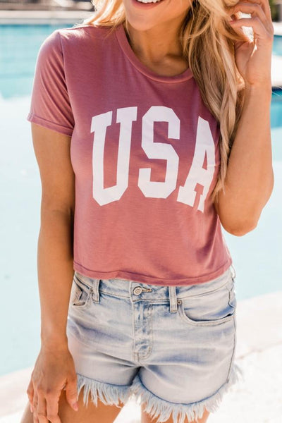 USA Athletic Cropped Graphic Tee Mauve