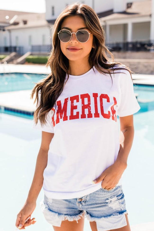 America Distressed Red Graphic White Tee