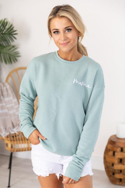 Mama Embroidered Script Dusty Blue Sweatshirt