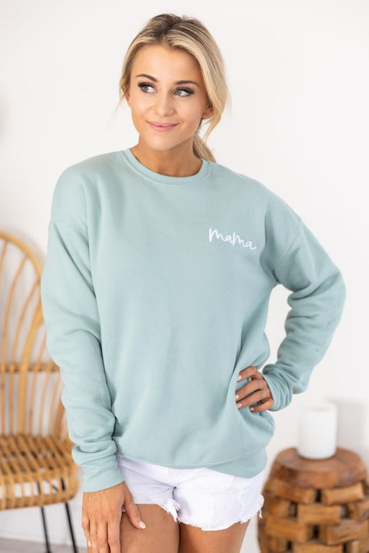 Mama Embroidered Script Dusty Blue Sweatshirt
