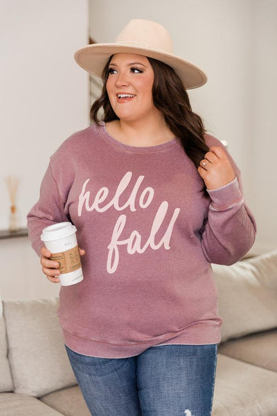 Hello Fall Script Shady Mauve Graphic Sweatshirt
