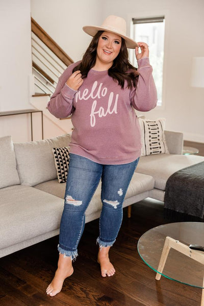 Hello Fall Script Shady Mauve Graphic Sweatshirt