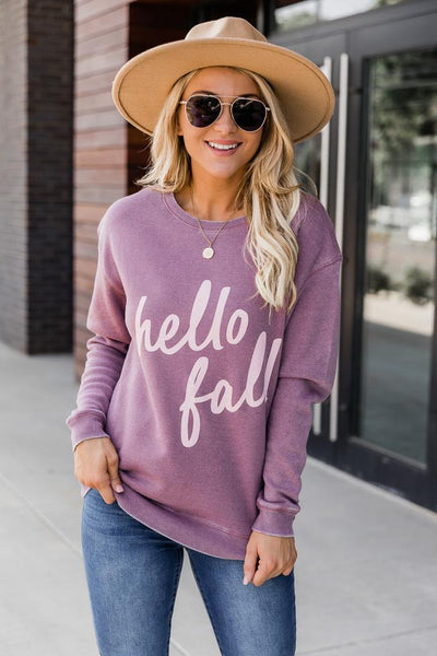 Hello Fall Script Shady Mauve Graphic Sweatshirt