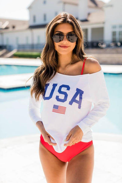 Athletic USA Flag White Graphic Slouchy Sweatshirt