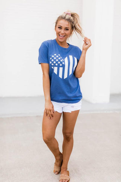 Distressed Vertical Flag Heart Blue Graphic Tee