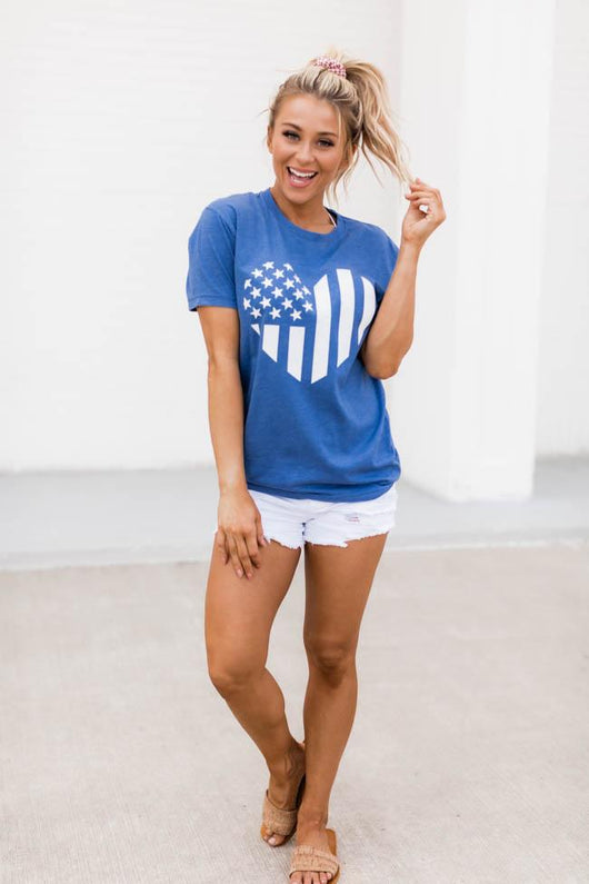 Distressed Vertical Flag Heart Blue Graphic Tee