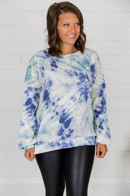 And They Say Waffle Knit Tie Dye Blouse Blue FINAL SALE