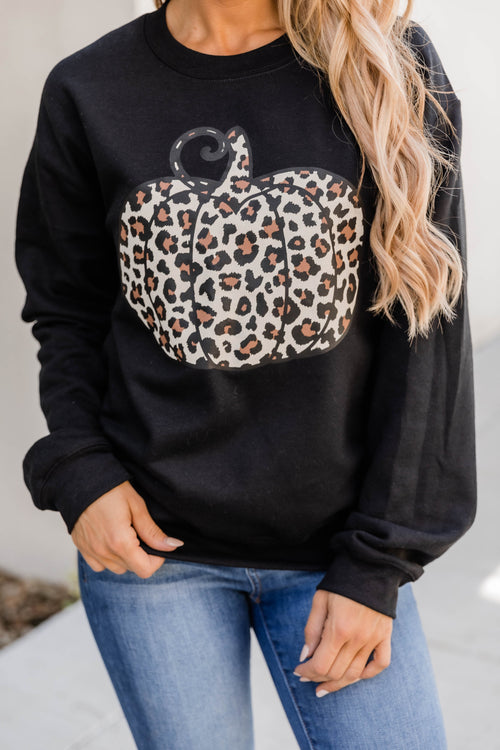 Animal Print Pumpkin Graphic Black Sweatshirt