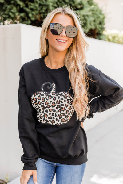Animal Print Pumpkin Graphic Black Sweatshirt