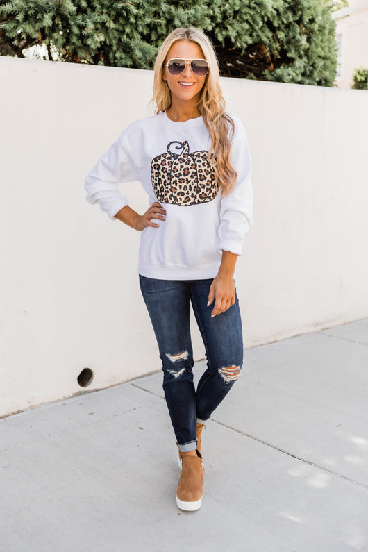 Animal Print Pumpkin White Graphic Sweatshirt