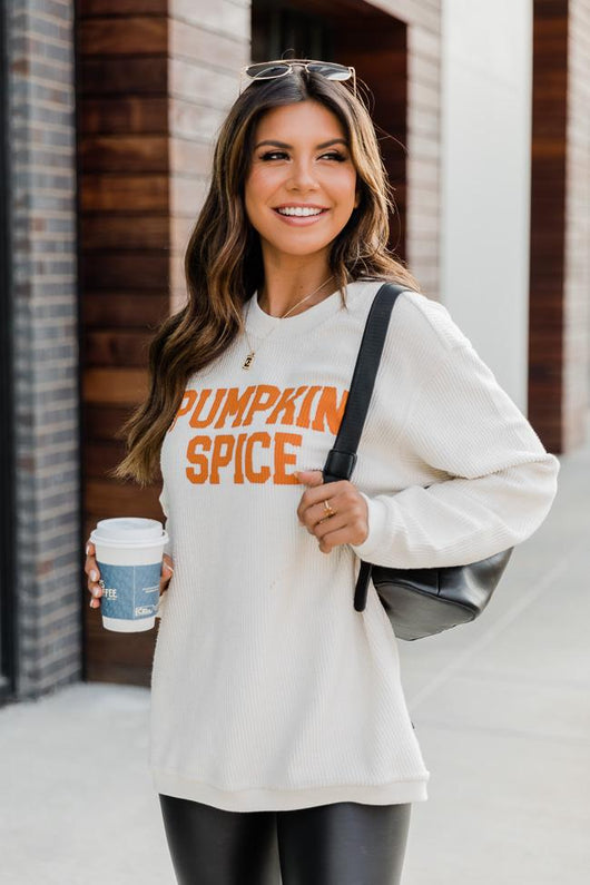 Pumpkin Spice Graphic Pullover Corded Ivory Sweatshirt